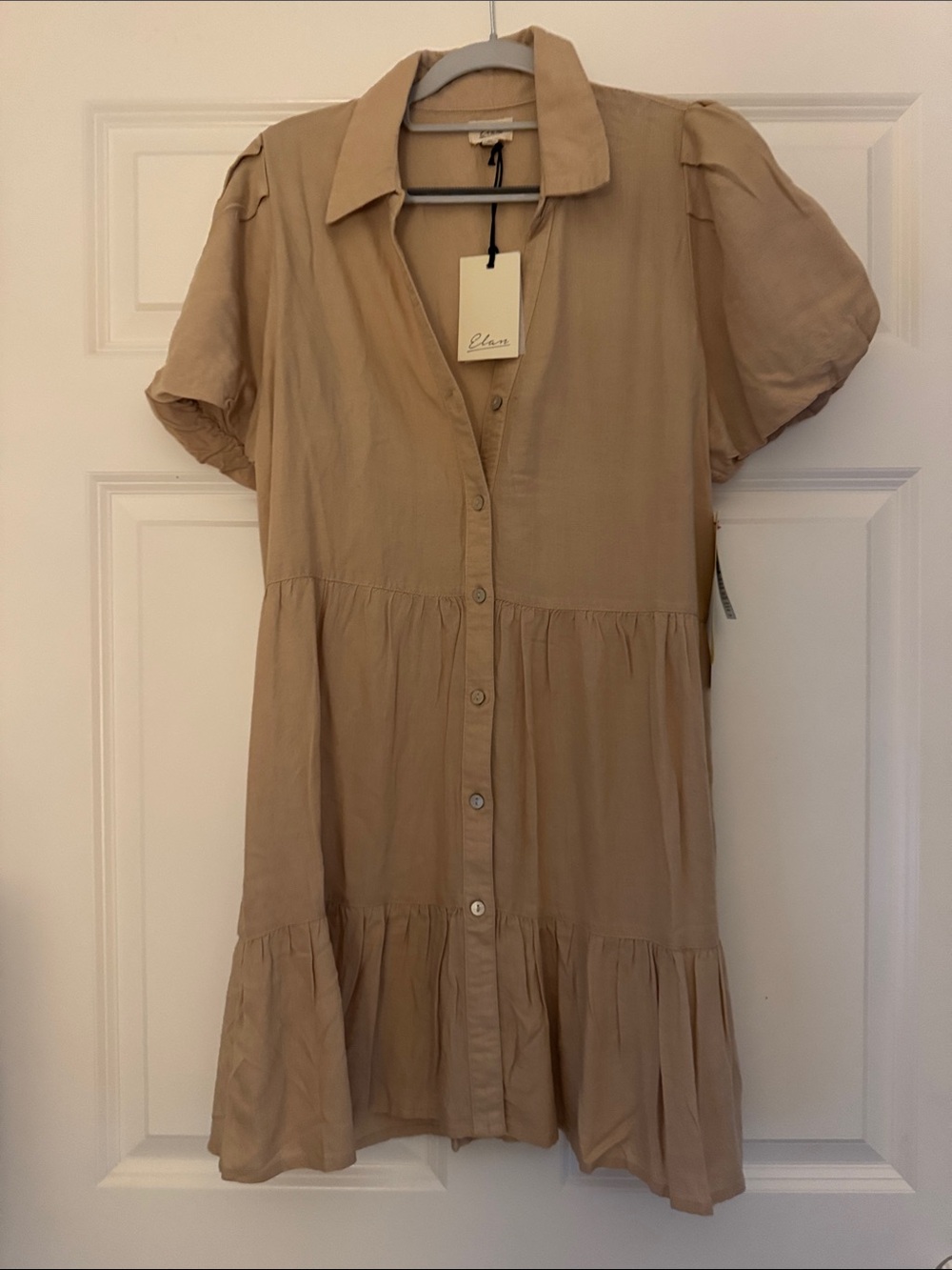 Elan Neutral Tan Button-Front Tiered Mini Dress